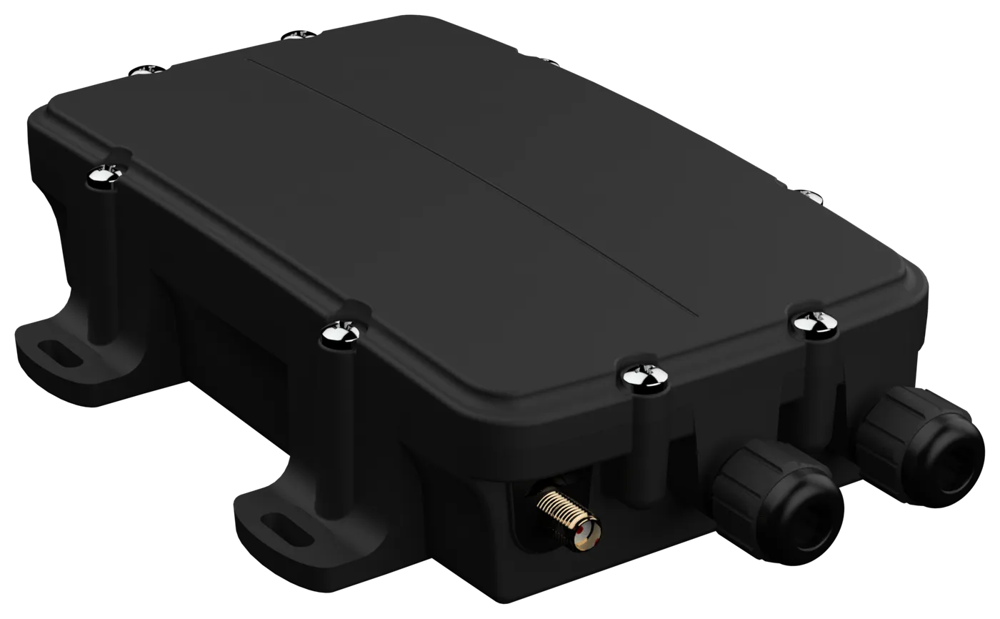 The Knode node: a rugged black weatherproof enclosure with cable glands and an antenna connector